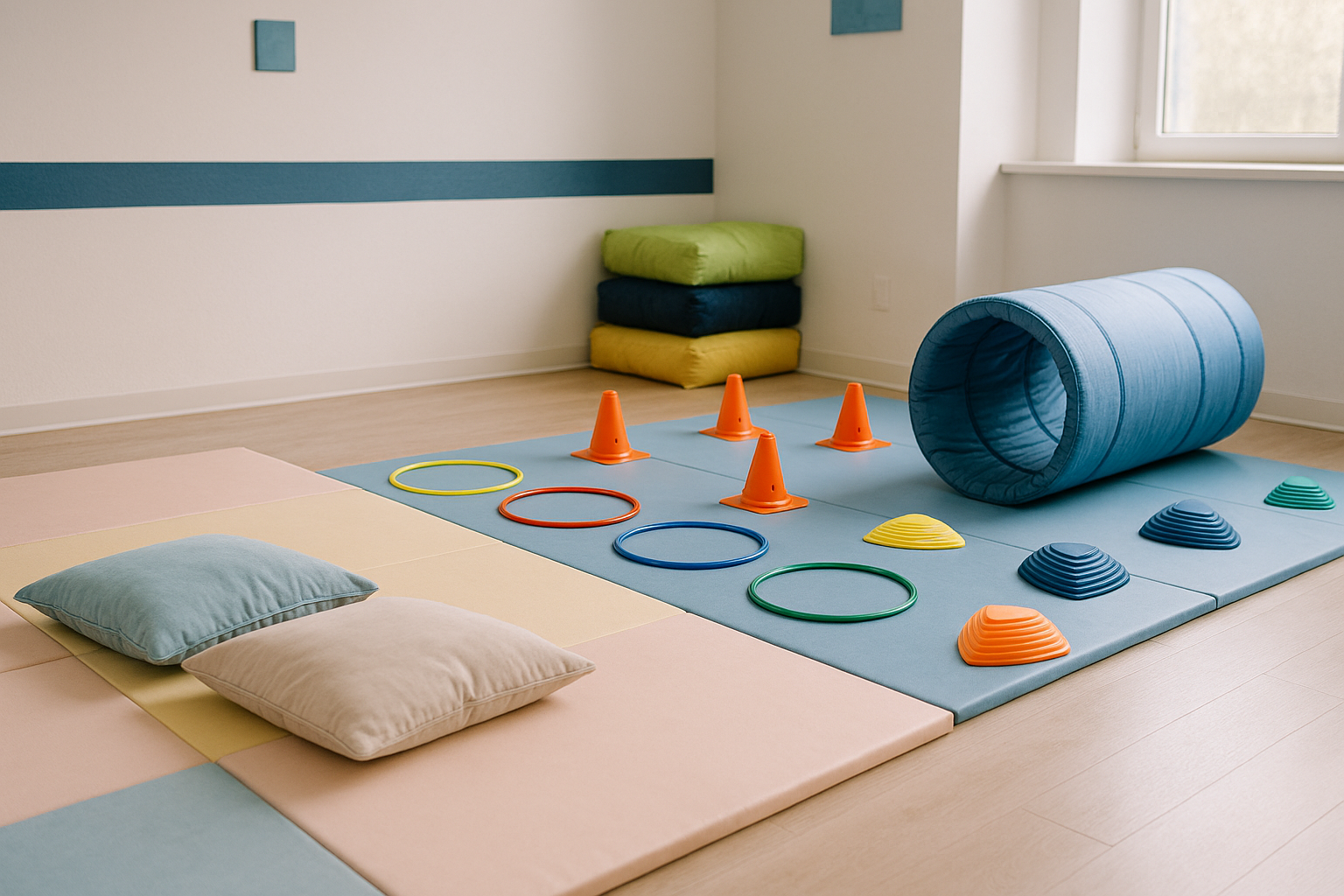 Area movimento con tappeti, cuscini e percorsi motori