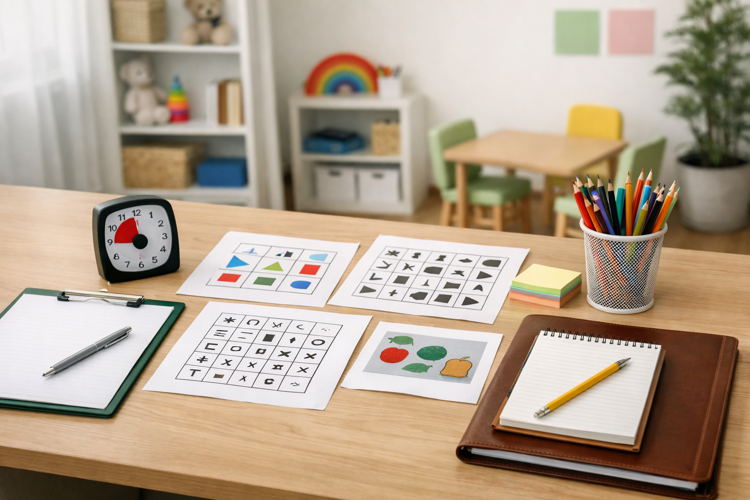 Tavolo con test e materiali per la valutazione psicologica